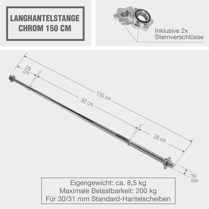 Bară cromată de 150 cm cu blocare stea 30/31 mm - Gorilla Sports Ro