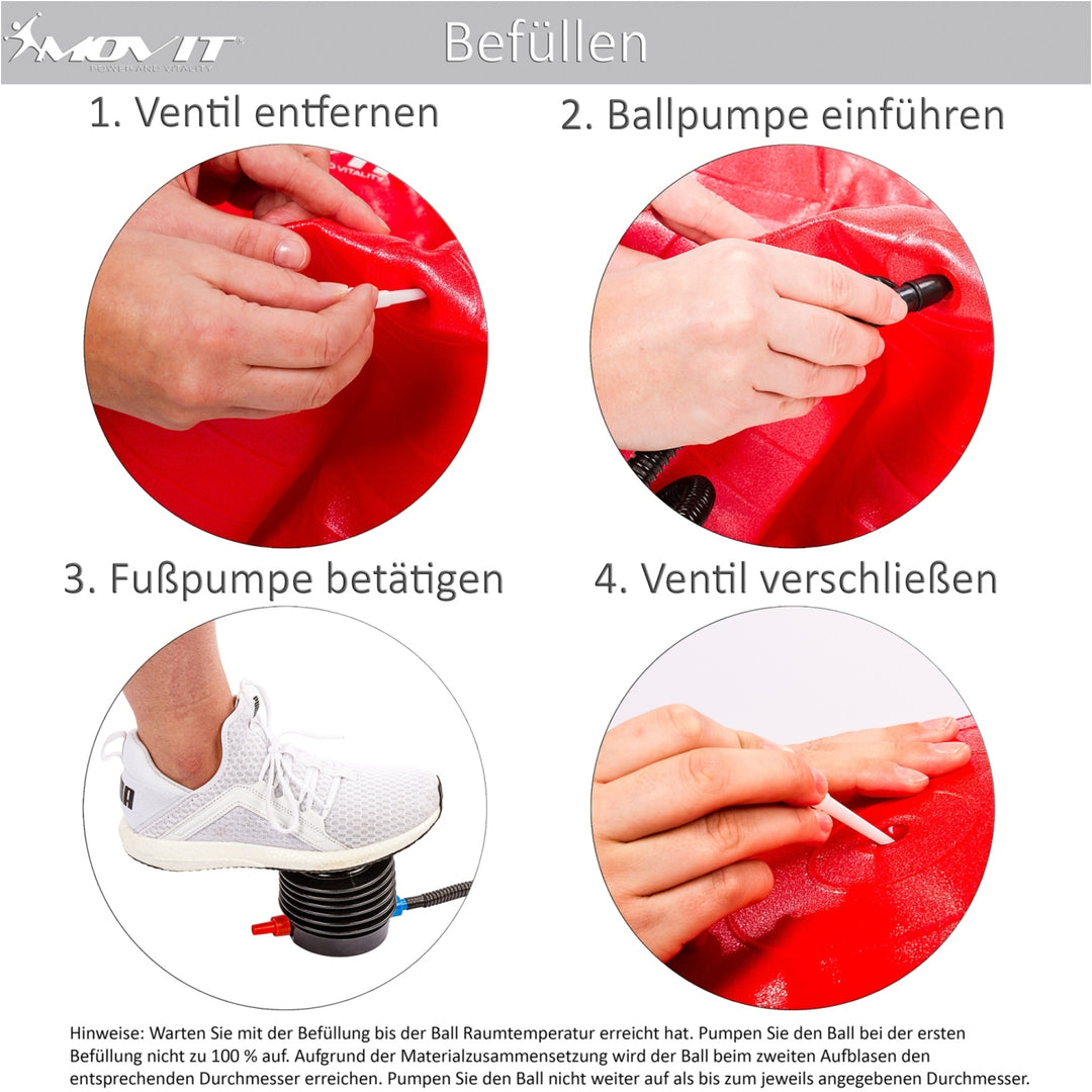 Minge de exerciții MOVIT® 65 cm, rosu cu pompă de picior - Gorilla Sports Ro