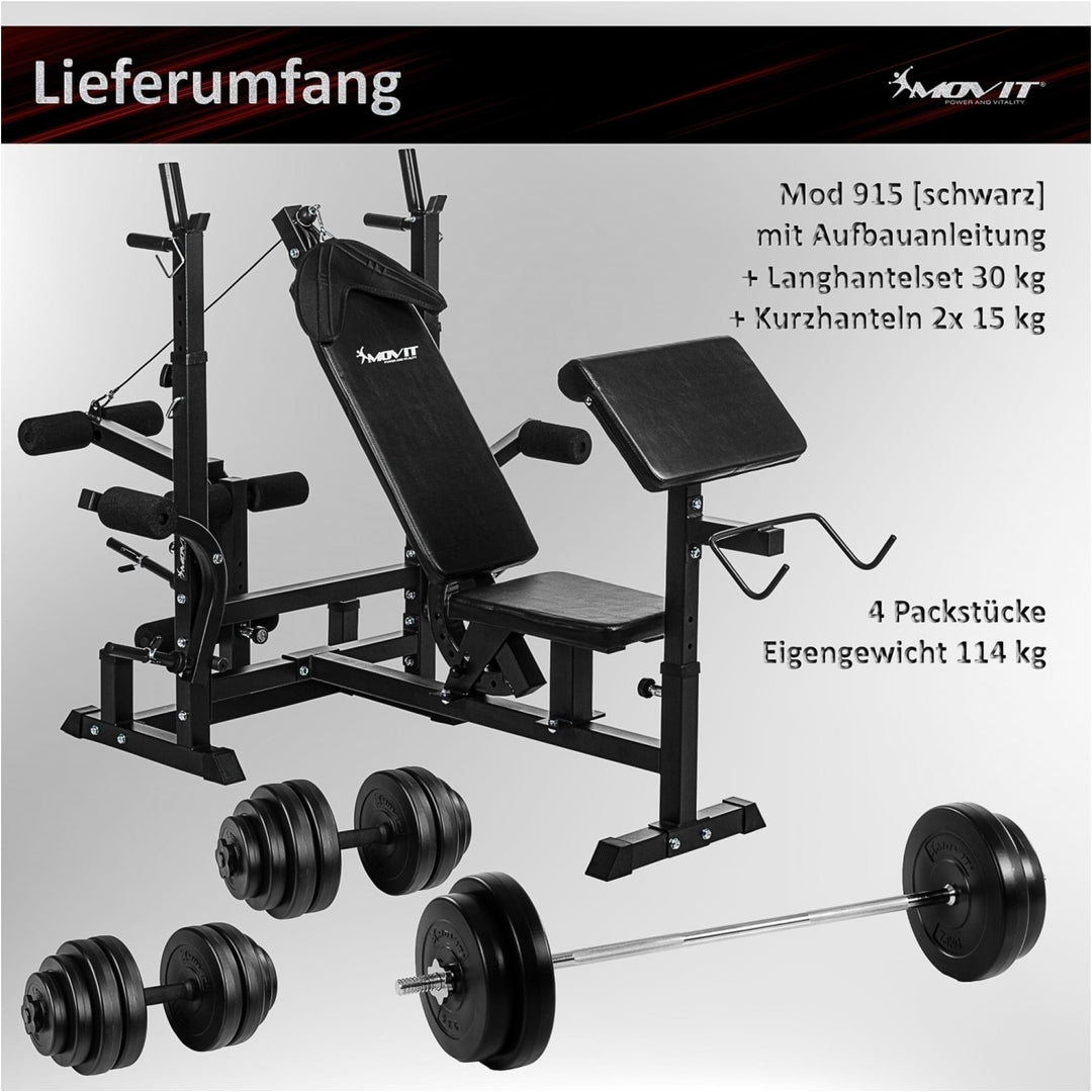 Banca multifunctionala, MOVIT®, inclusiv gantere de 60 Kg, negru - Gorilla Sports Ro