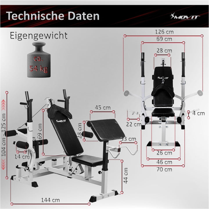 Banca multifunctionala, MOVIT®, inclusiv gantere de 60 Kg, alb - Gorilla Sports Ro