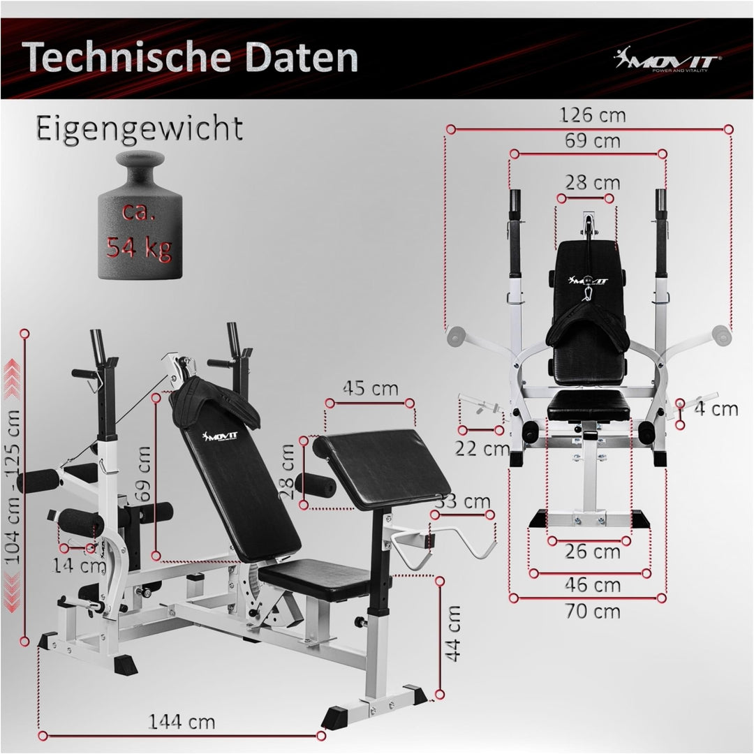 Banca multifunctionala, MOVIT®, inclusiv gantere de 115 Kg - Gorilla Sports Ro