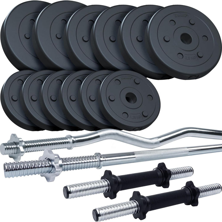 Set de discuri cu greutate si 4 bare(2 gantere, bara dreapta, bara SZ), 27.5 KG (2x5+4x2.5+6x1.25), 30/31mm