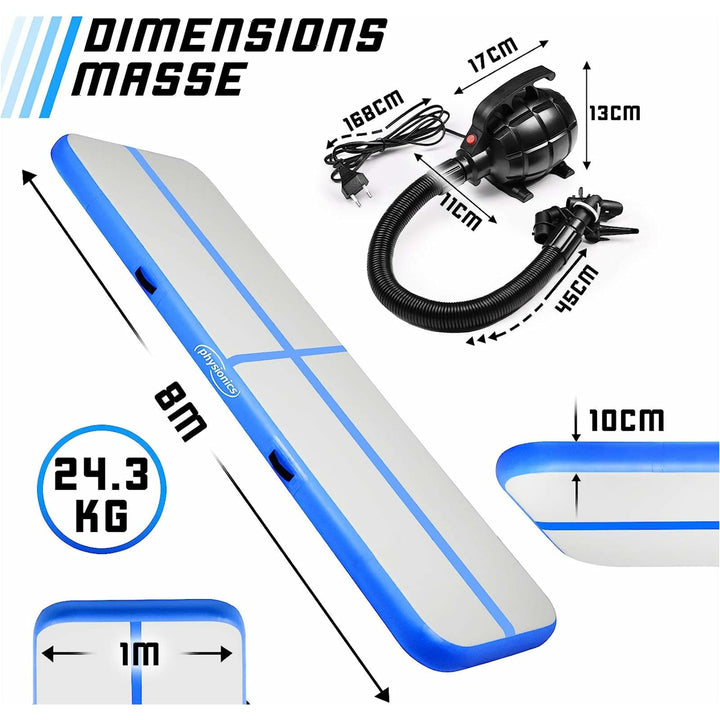 Saltea gimnastica gonflabila, albastra, cu pompa electrica, 700x100x10 cm, Physionics - Gorilla Sports Ro