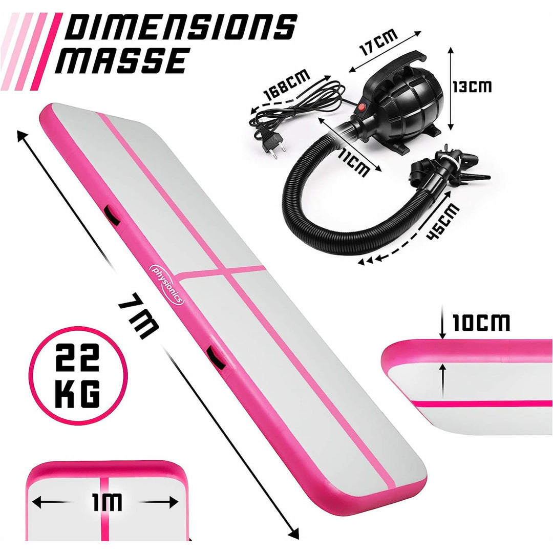 Saltea gimnastica gonflabila, rosie, cu pompa electrica, 700x100x10 cm, Physionics - Gorilla Sports Ro