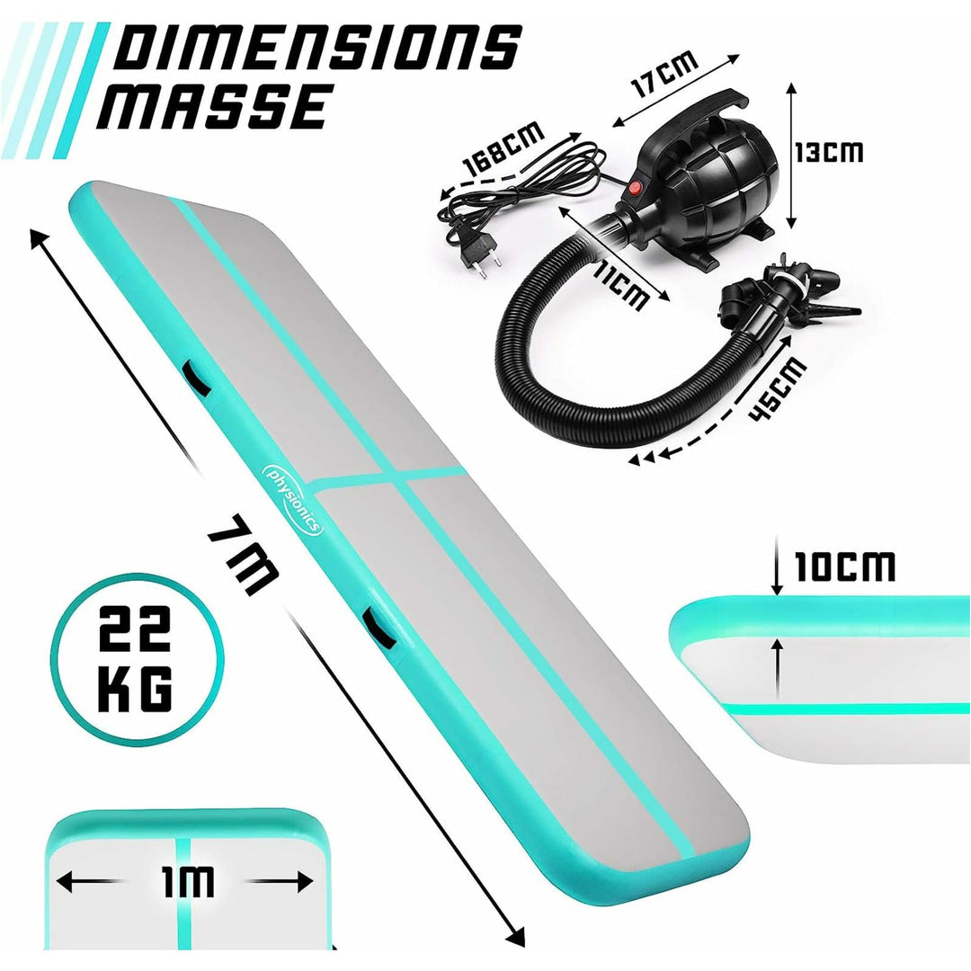 Saltea gimnastica gonflabila, turcoaz, cu pompa electrica, 700x100x10 cm, Physionics - Gorilla Sports Ro