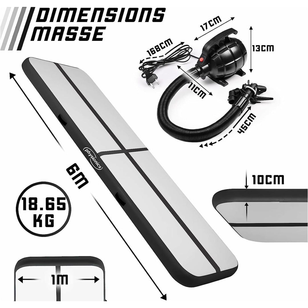 Saltea gimnastica gonflabila, neagra, cu pompa electrica, 400x100x10 cm, Physionics - Gorilla Sports Ro