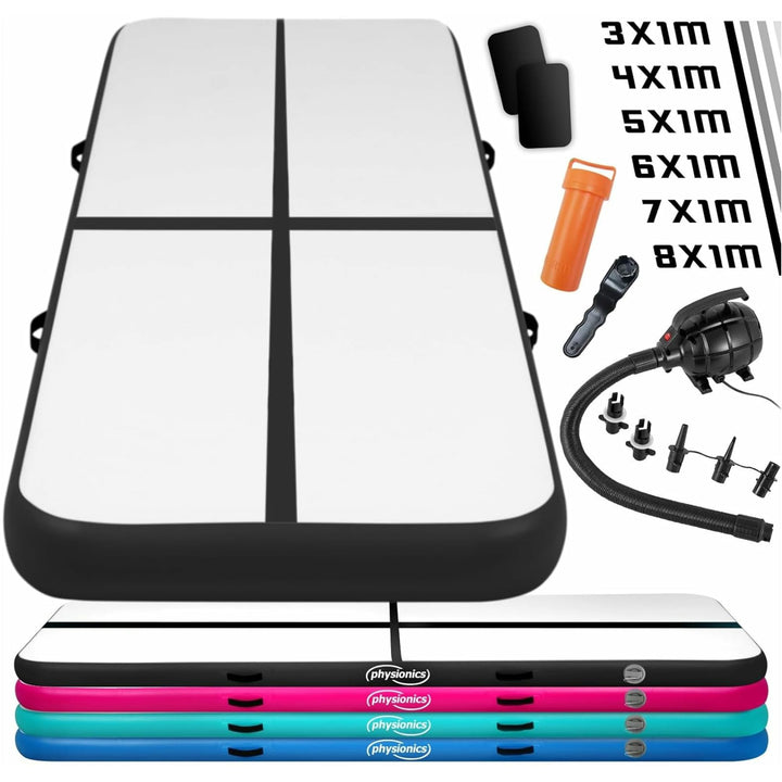 Saltea gimnastica gonflabila, turcoaz, cu pompa electrica, 800x100x10 cm, Physionics - Gorilla Sports Ro