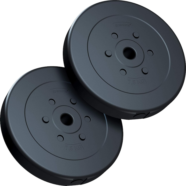 Set placi de haltere, 15 KG (2 x 7, 5 kg), 30/31mm, din plastic umplute cu ciment, negru