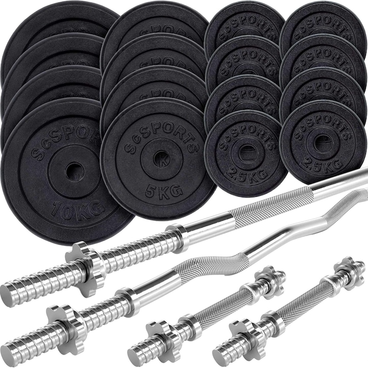 Set de haltere 100 kg, 2 gantere, bara de haltere, bara SZ, 30/31 mm, discuri de greutate, fonta