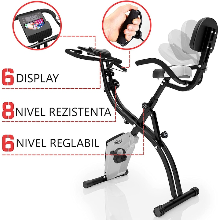 Bicicleta fitness, senzor puls ghidon, display LCD monitorizeaza timpul, viteza, scanare, pulsul, caloriile si odometru, suport telefon, scaun reglabil, pliabila, 42.5 x 77 x 115 cm cm