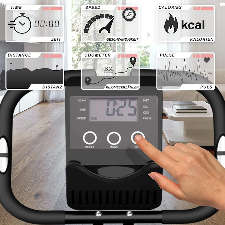 Bicicleta fitness, senzor puls ghidon, display LCD monitorizeaza timpul, viteza, scanare, pulsul, caloriile si odometru, suport telefon, scaun reglabil, pliabila, 42.5 x 77 x 115 cm cm