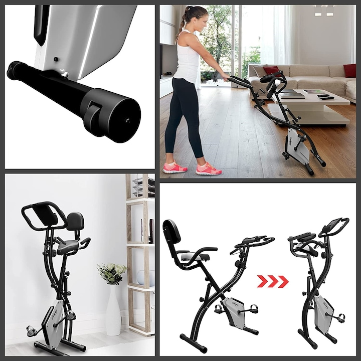 Bicicleta fitness, senzor puls ghidon, display LCD monitorizeaza timpul, viteza, scanare, pulsul, caloriile si odometru, suport telefon, scaun reglabil, pliabila, 42.5 x 77 x 115 cm cm