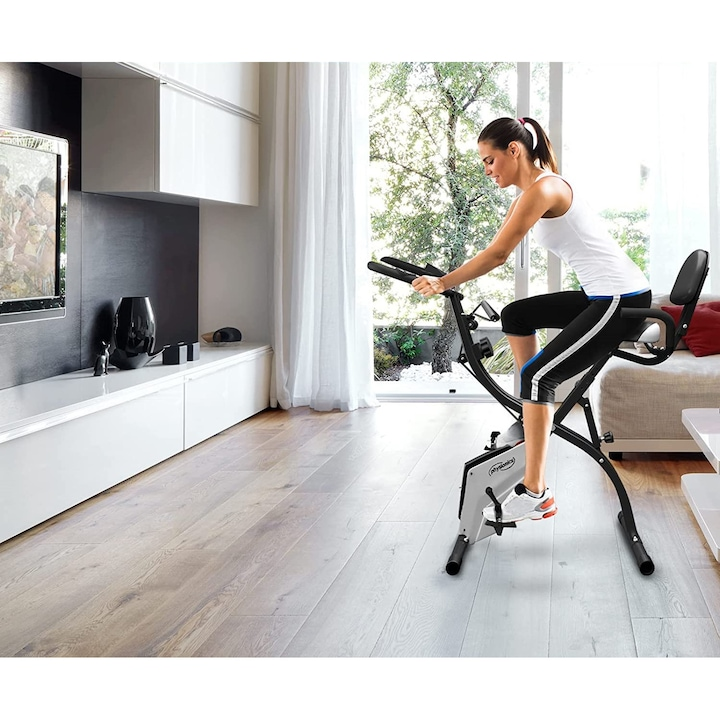 Bicicleta fitness, senzor puls ghidon, display LCD monitorizeaza timpul, viteza, scanare, pulsul, caloriile si odometru, suport telefon, scaun reglabil, pliabila, 42.5 x 77 x 115 cm cm