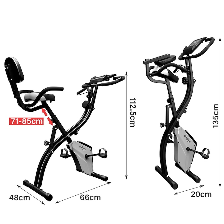 Bicicleta fitness, senzor puls ghidon, display LCD monitorizeaza timpul, viteza, scanare, pulsul, caloriile si odometru, suport telefon, scaun reglabil, pliabila, 42.5 x 77 x 115 cm cm